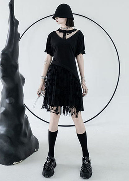 Black O-neck Asymmetrical Design Tulle Cotton Mid Dress Summer