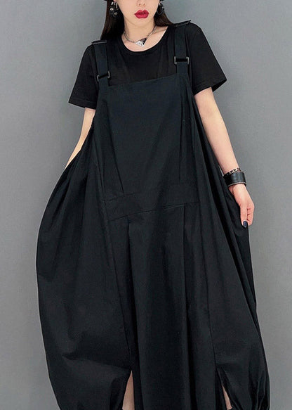 Black O-neck Asymmetrical Pockets Long Dresses Sleeveless