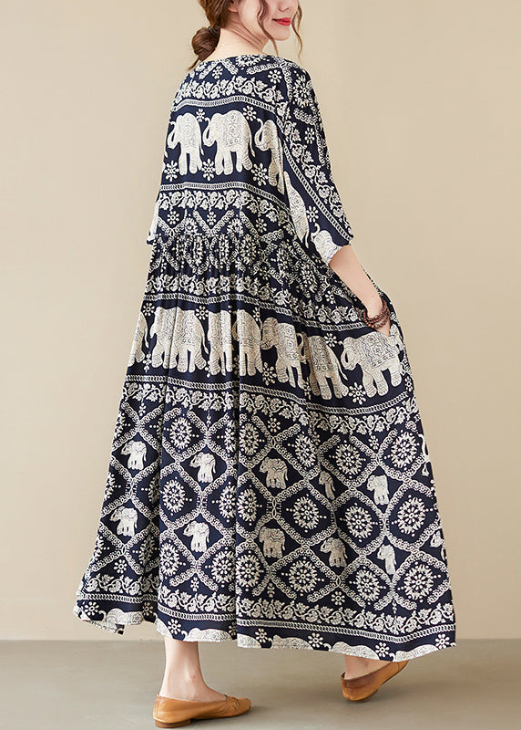 Black O-neck Elephant Print Chiffon Party Dress Half Sleeve