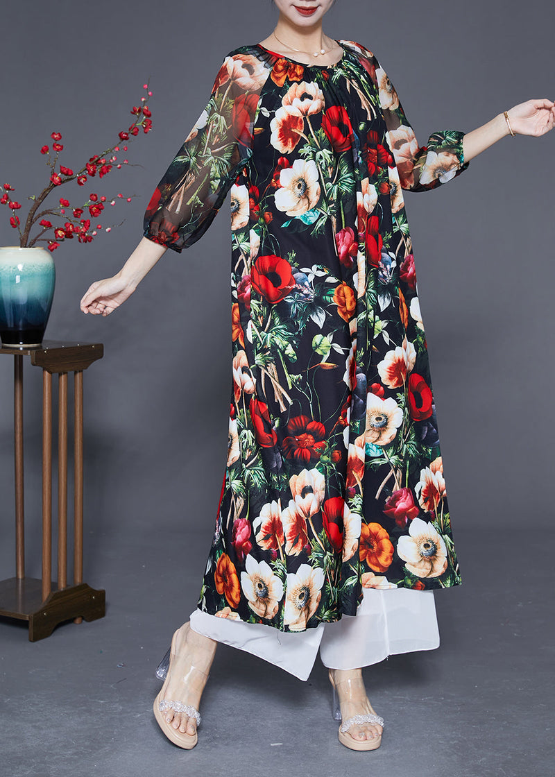 Black O-neck Print Silk Dress Bracelet Sleeve