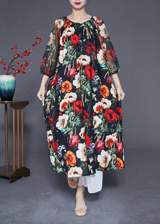 Black O-neck Print Silk Dress Bracelet Sleeve