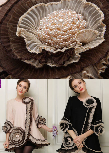 Black O-neck Nail Bead Woolen Coats Bracelet Sleeve