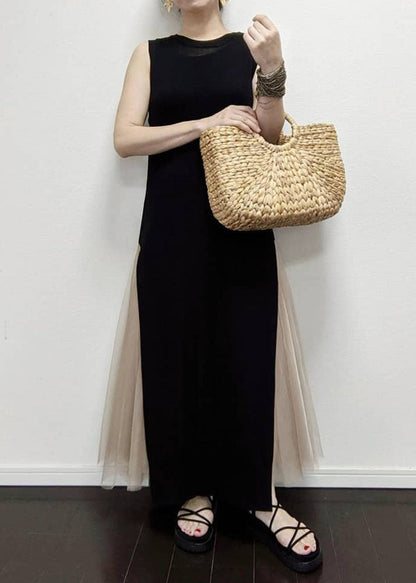 Black O Neck Patchwork Tulle Long Dress Sleeveless