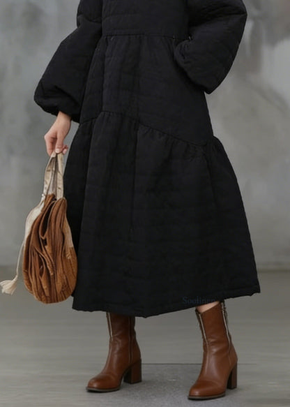 Black O Neck Pockets Patchwork Fine Cotton Filled Dress Winter