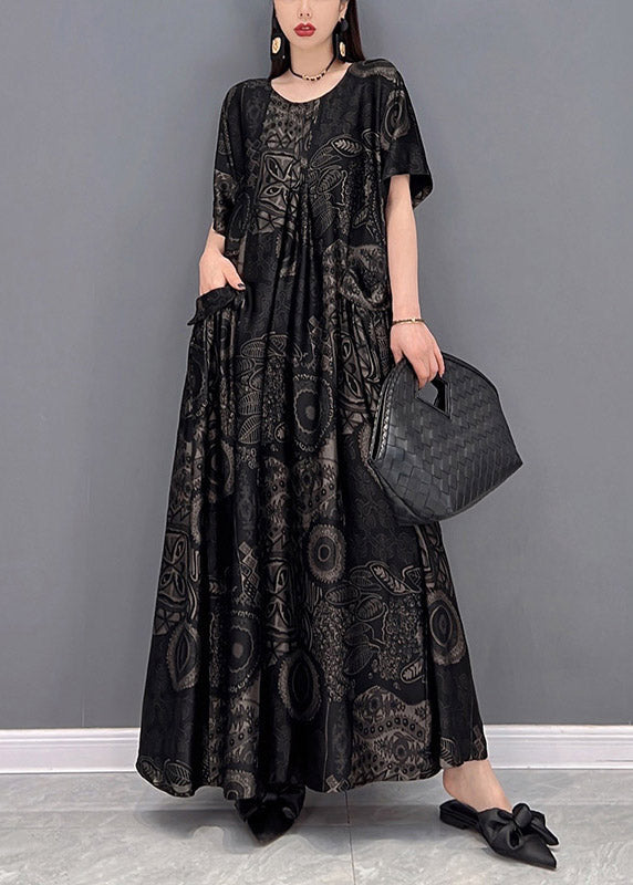 Blue Geometry O-neck Print Pockets Long Dresses Short Sleeve