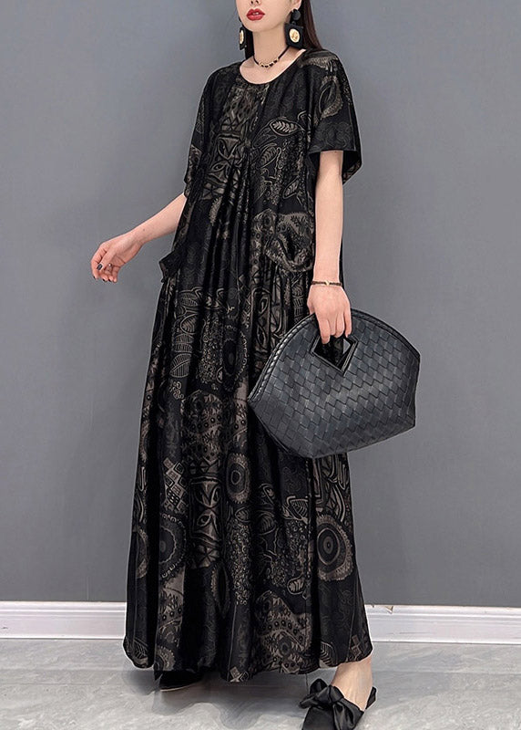 Black Flower O-neck Print Pockets Long Dresses Short Sleeve