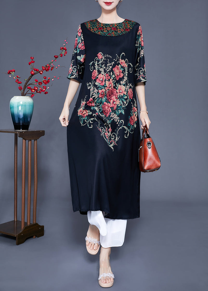 Black O-neck Print Silk Holiday Dress Half Sleeve