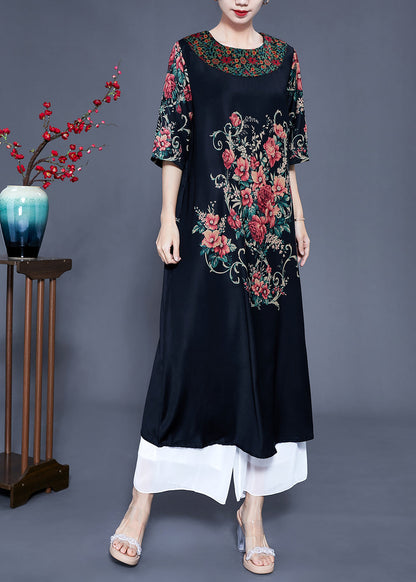 Black O-neck Print Silk Holiday Dress Half Sleeve