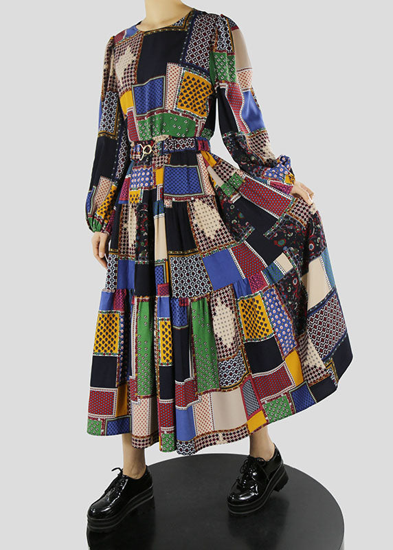 Black O-neck Sashes Print Holiday Dress Spring