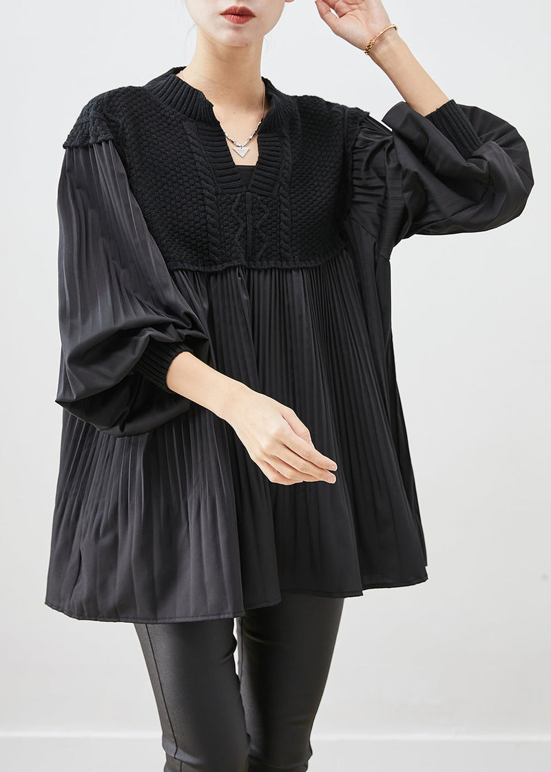 Black Oversized Patchwork Wrinkled Tops Lantern Sleeve
