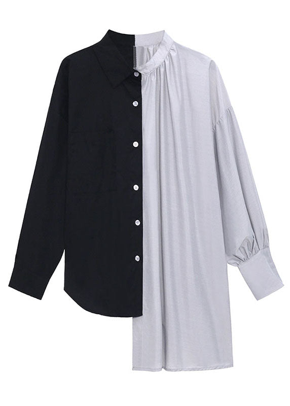 Black Patchwork Button Asymmetrical Design Fall Long Sleeve Shirt Top