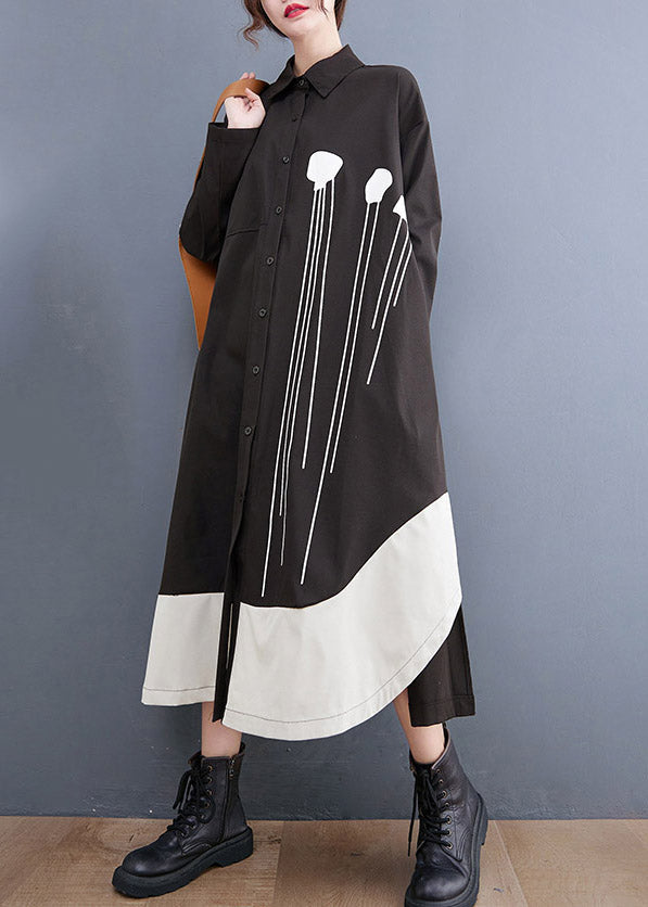 Black Peter Pan Collar Button Patchwork Long Dresses Long Sleeve