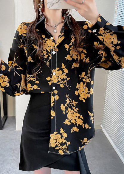 Beautiful Black Peter Pan Collar Button Print Chiffon Shirt Tops Spring