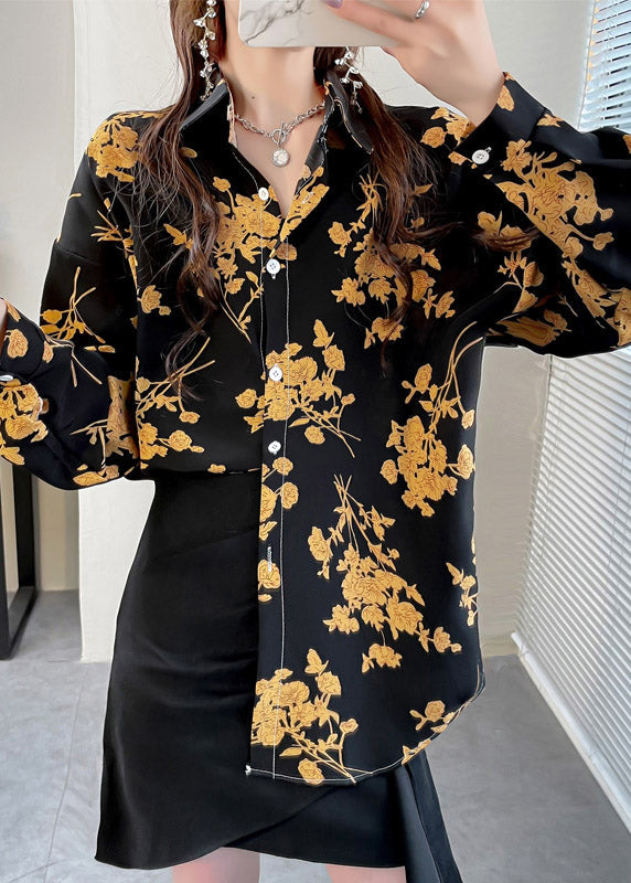 Black Peter Pan Collar Button Print Chiffon Shirt Tops Spring