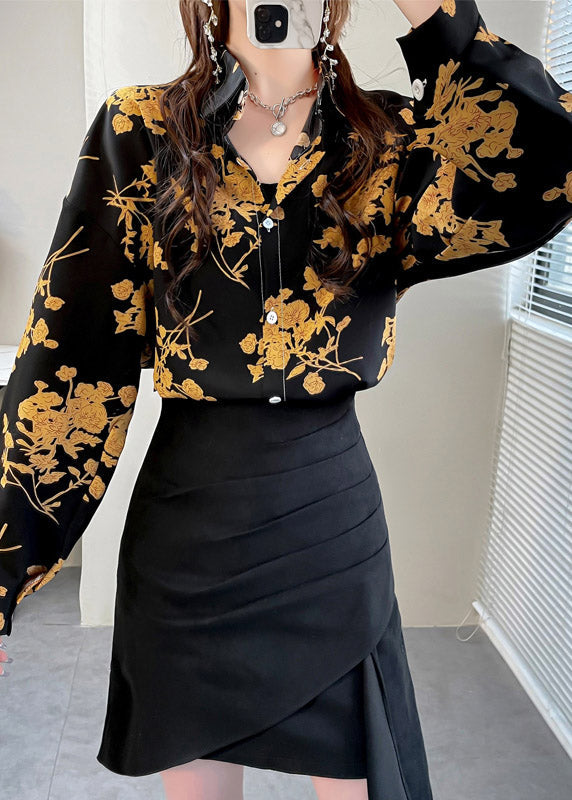 Black Peter Pan Collar Button Print Chiffon Shirt Tops Spring