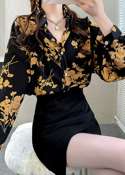 Beautiful Black Peter Pan Collar Button Print Chiffon Shirt Tops Spring