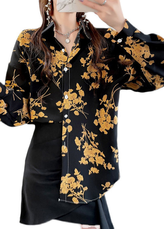 Black Peter Pan Collar Button Print Chiffon Shirt Tops Spring