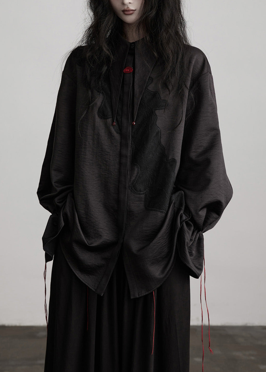 Beautiful Black Peter Pan Collar Drawstring Patchwork Silk Blouses Spring