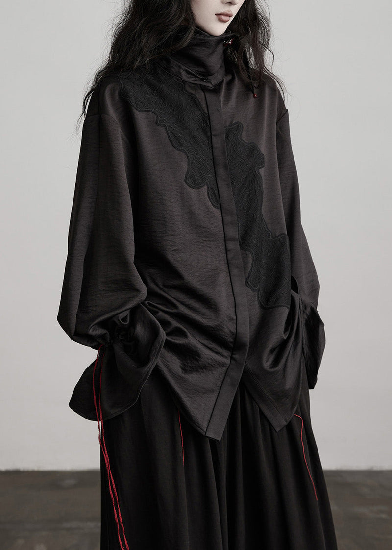 Black Peter Pan Collar Drawstring Patchwork Silk Blouses Spring