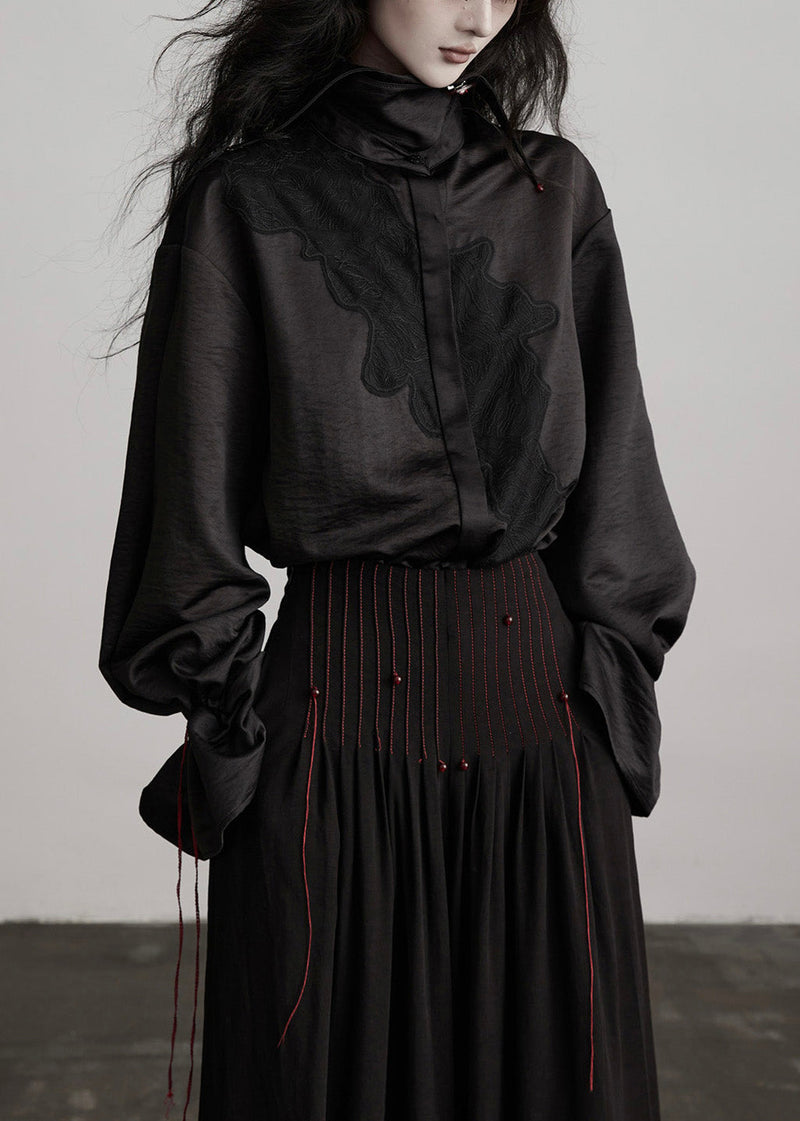 Black Peter Pan Collar Drawstring Patchwork Silk Blouses Spring