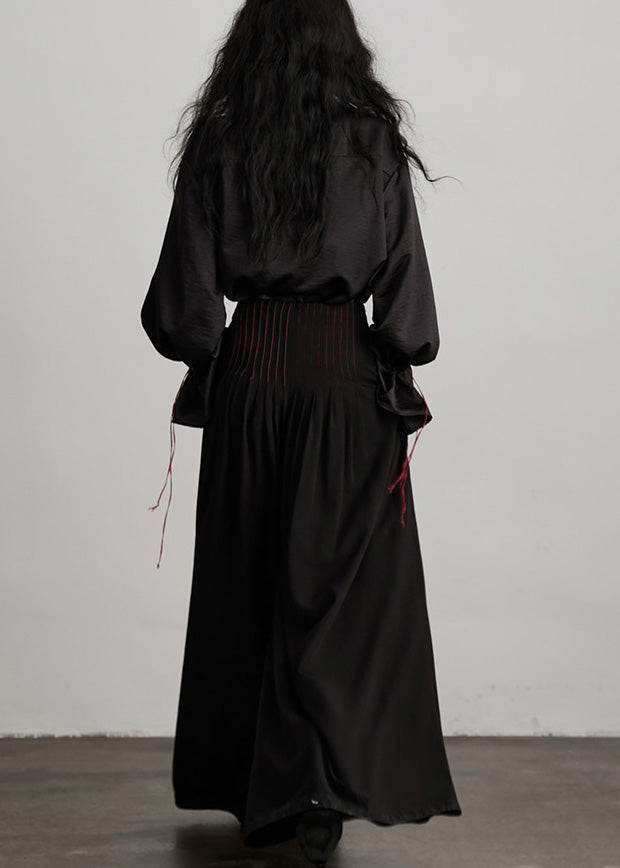 Black Peter Pan Collar Drawstring Patchwork Silk Blouses Spring