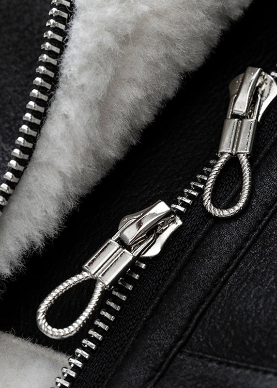 Black Peter Pan Collar Pockets Warm Fleece Pu Coats Winter