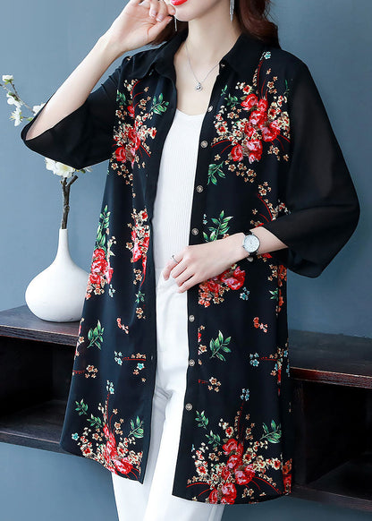 Black Peter Pan Collar Print Patchwork Chiffon Shirts Bracelet Sleeve