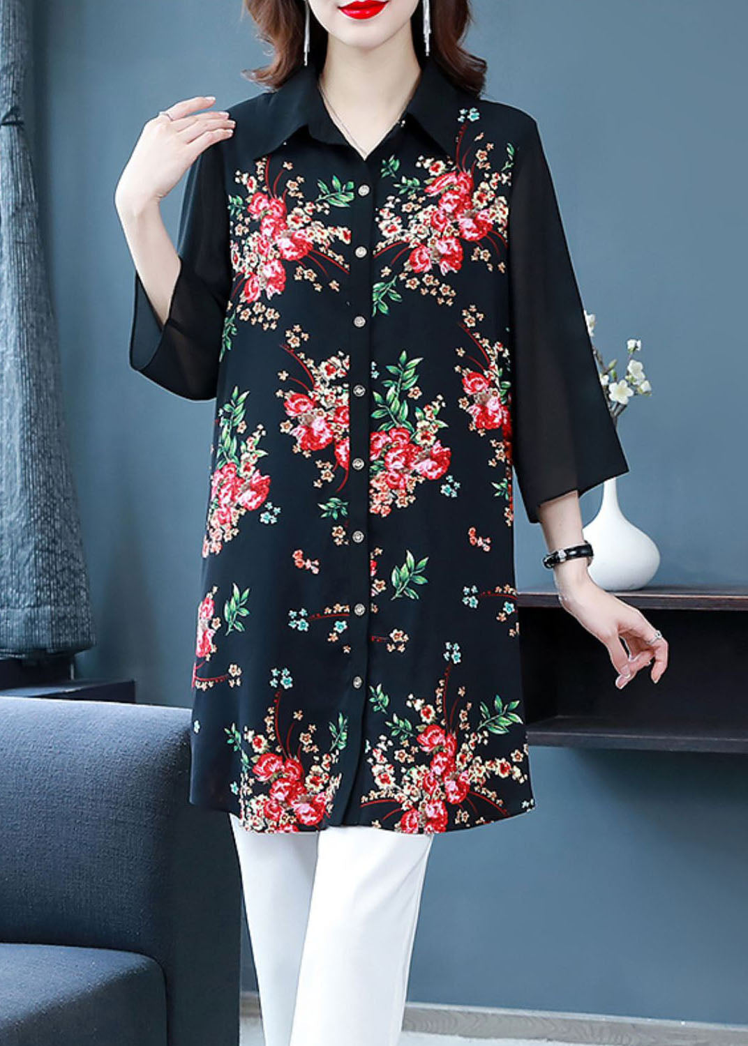Black Peter Pan Collar Print Patchwork Chiffon Shirts Bracelet Sleeve