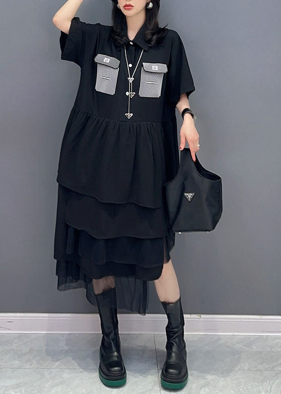 Black Peter Pan Collar Wrinkled Patchwork Chiffon Dress Summer