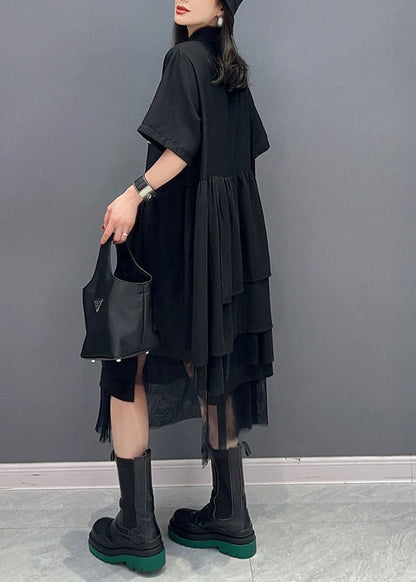 Black Peter Pan Collar Wrinkled Patchwork Chiffon Dress Summer