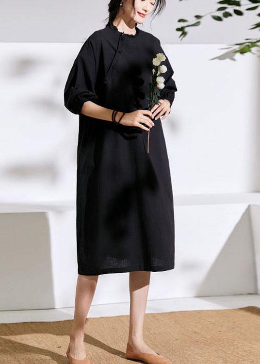 Black Pockets Button Summer Linen Maxi Dresses Half Sleeve