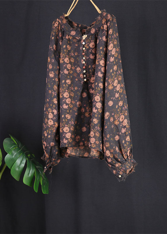 Black Print Button Patchwork Linen Tops Spring