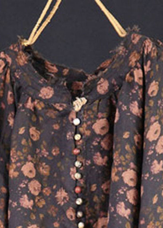 Black Print Button Patchwork Linen Tops Spring