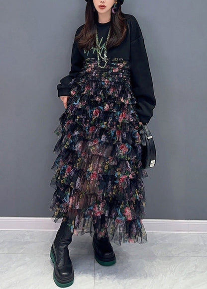 Black Print Chiffon Patchwork Dresses Long Sleeve