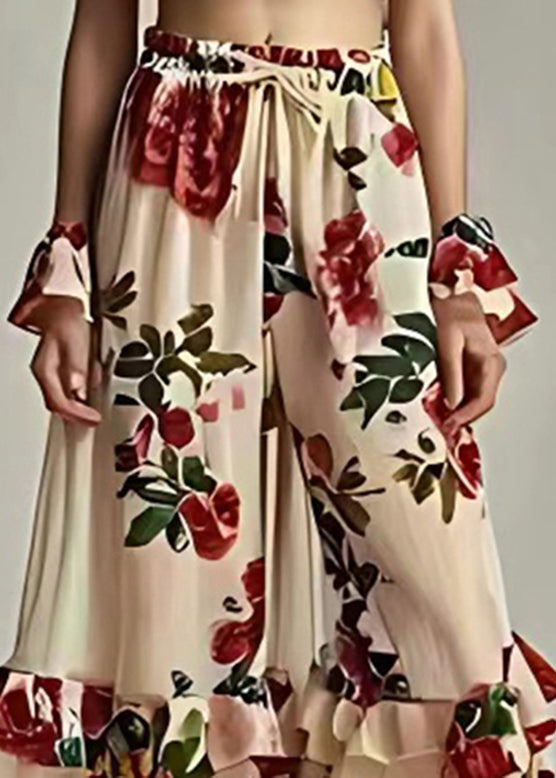 Black Print Elastic Waist Tie Waist Flared Pants Summer