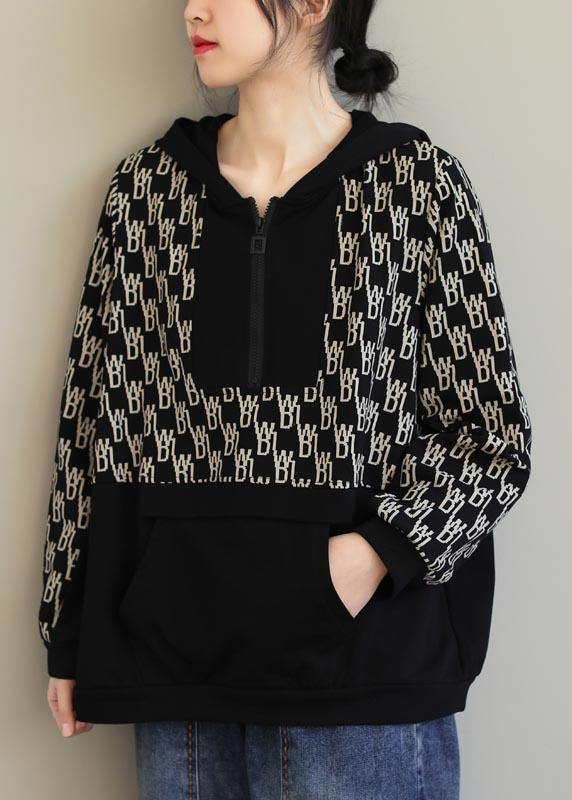 Beautiful Black Print Tunics For Women Hooded Pockets Spring Tops