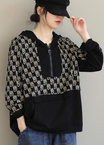 Beautiful Black Print Tunics For Women Hooded Pockets Spring Tops