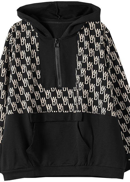 Beautiful Black Print Tunics For Women Hooded Pockets Spring Tops