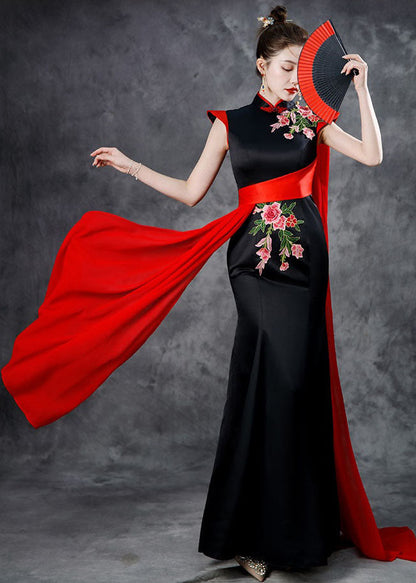 Black Red Stand Collar Embroidered Ribbon Silk Maxi Fishtail Dresses Summer