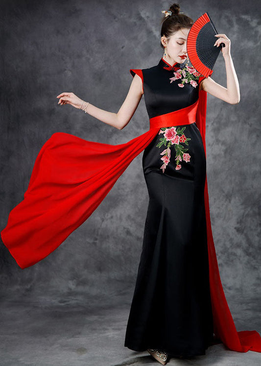 Black Red Stand Collar Embroidered Ribbon Silk Maxi Fishtail Dresses Summer