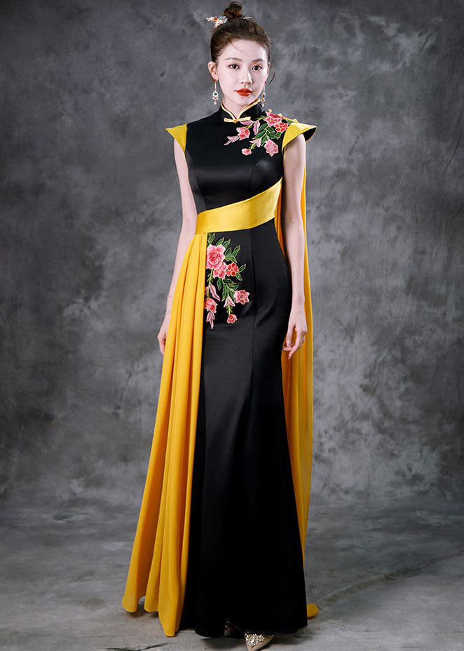Black Red Stand Collar Embroidered Ribbon Silk Maxi Fishtail Dresses Summer