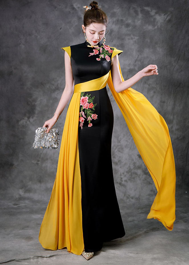 Black Red Stand Collar Embroidered Ribbon Silk Maxi Fishtail Dresses Summer