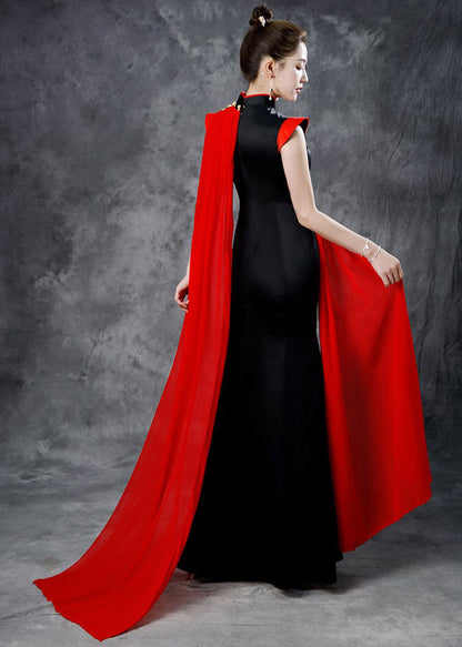 Black Red Stand Collar Embroidered Ribbon Silk Maxi Fishtail Dresses Summer