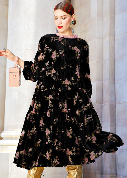 Black Ruffled Print Wrinkled Silk Velour Long Dress Fall
