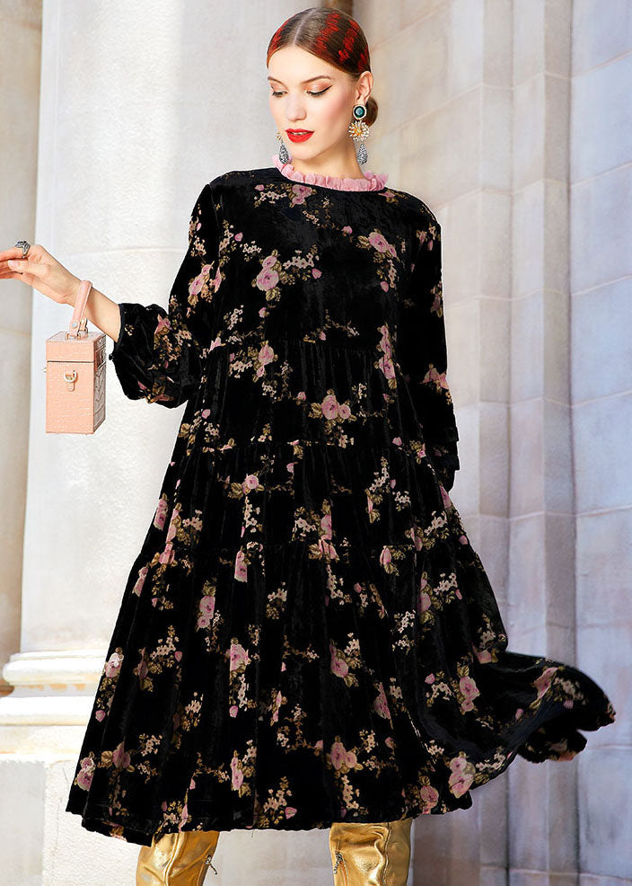 Black Ruffled Print Wrinkled Silk Velour Long Dress Fall