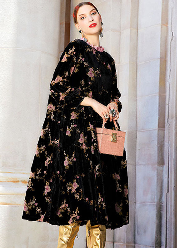 Black Ruffled Print Wrinkled Silk Velour Long Dress Fall