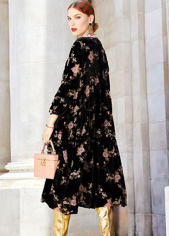Black Ruffled Print Wrinkled Silk Velour Long Dress Fall
