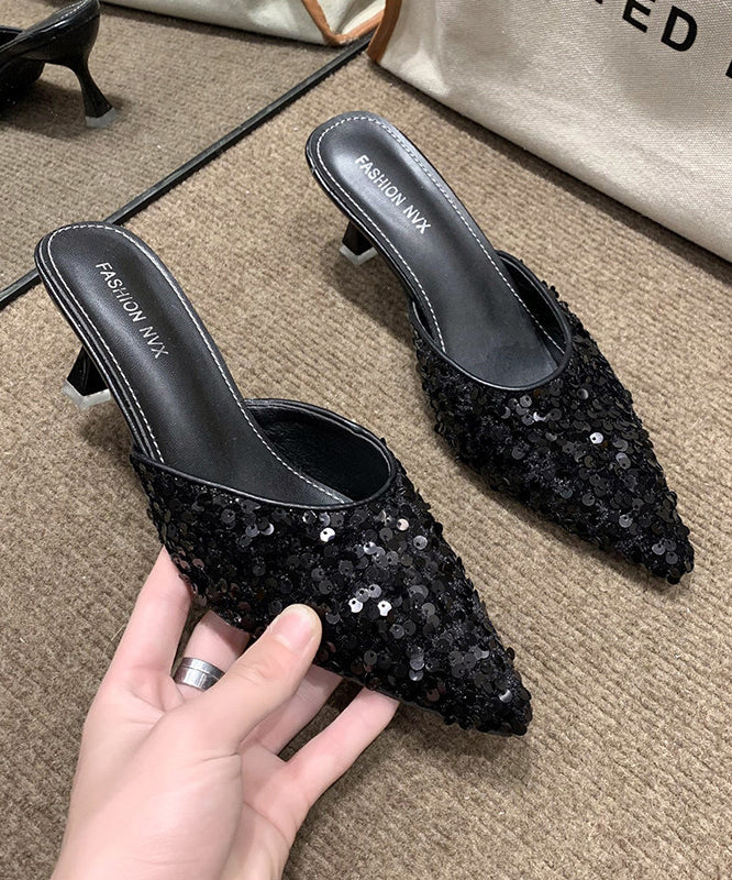 Black Sequins Pointed Toe Kitten Thong Sandals