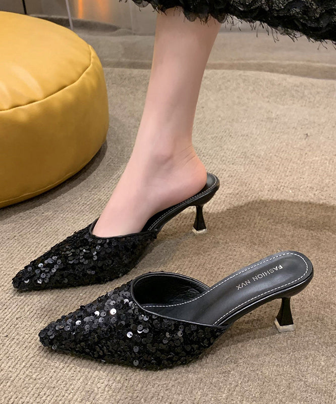 Black Sequins Pointed Toe Kitten Thong Sandals