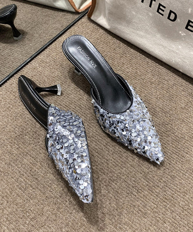 Black Sequins Pointed Toe Kitten Thong Sandals